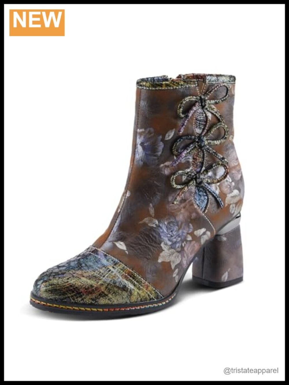 Faux Leather Floral Ankle Booties with Stacked Heel